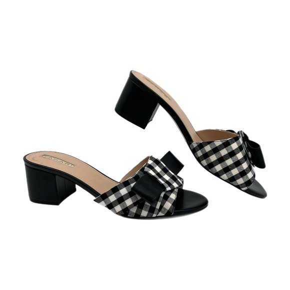 Tahari Black and White Gingham Bow Slip-On Sandals | Heel Height Mid 2-2.9in - Picture 1 of 8
